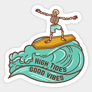 High Tides Good Vibes Vintage Surfing Skeleton Sticker